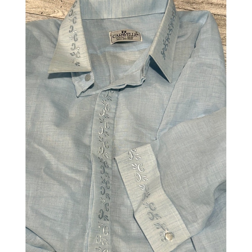 Vintage Caravelle embroidered Dress Button Down Shirt Light Blue Philippines XL‎